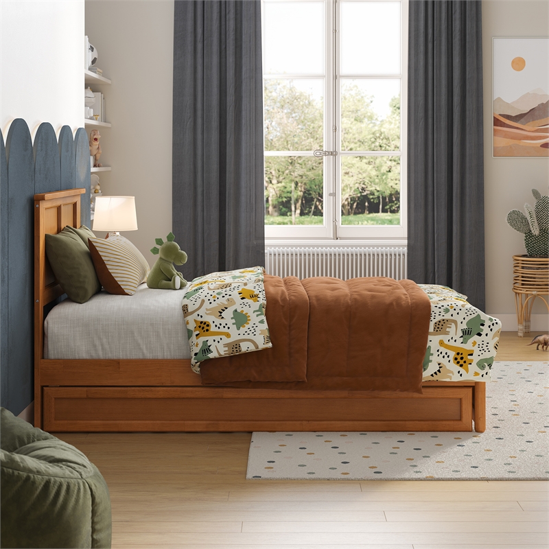 Felicity Twin Platform Bed with Panel Footboard & Twin Trundle in Light Toffee