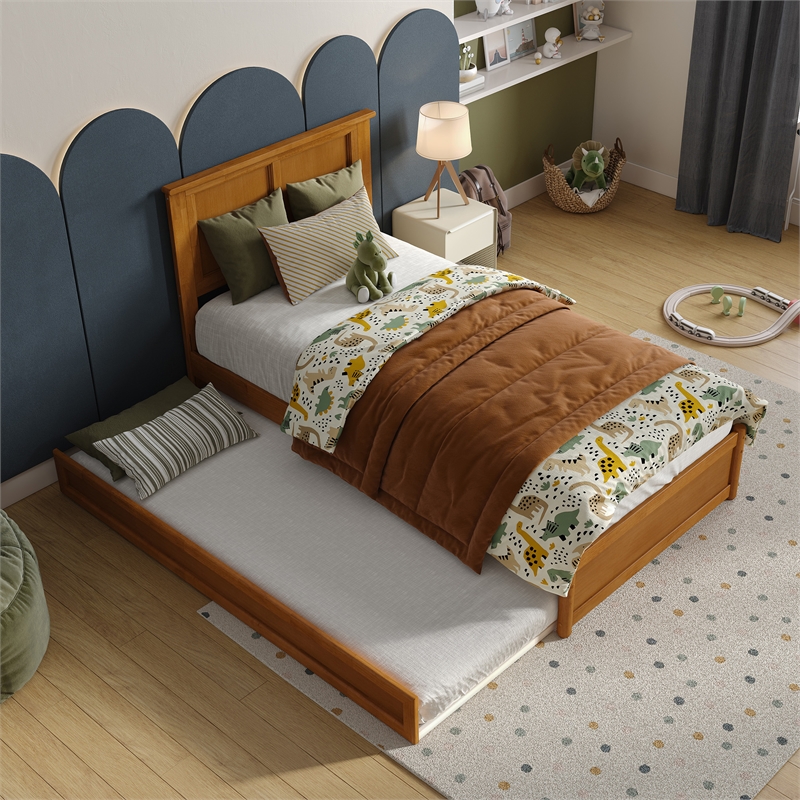 Felicity Twin Platform Bed with Panel Footboard & Twin Trundle in Light Toffee