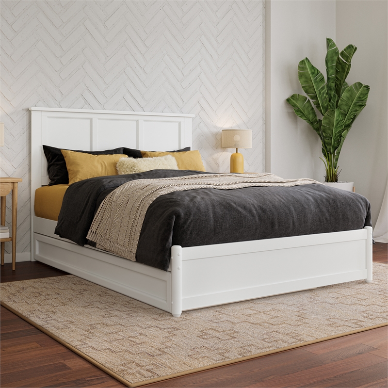 Felicity Full Wood Platform Bed with Panel Footboard and Twin Trundle in White