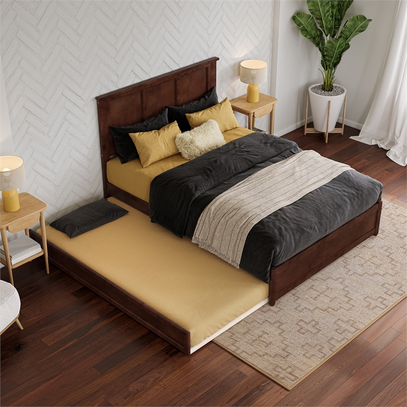 Felicity Full Wood Platform Bed with Panel Footboard and Twin Trundle in Walnut