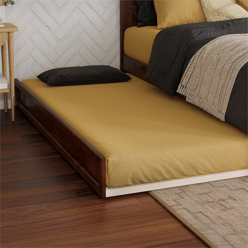 Felicity Full Wood Platform Bed with Panel Footboard and Twin Trundle in Walnut