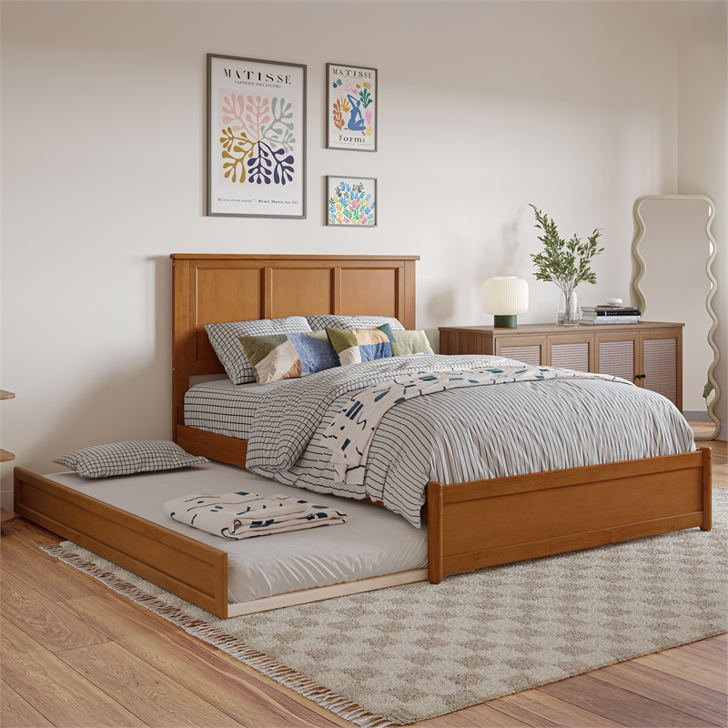 Felicity Full Platform Bed with Panel Footboard & Twin Trundle in Light Toffee