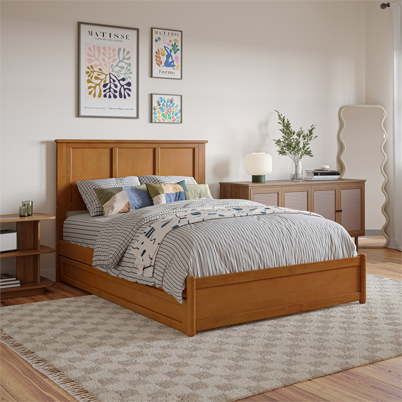 Felicity Full Platform Bed with Panel Footboard & Twin Trundle in Light Toffee