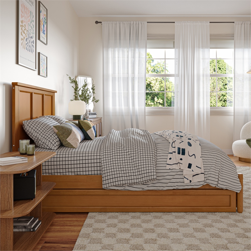 Felicity Full Platform Bed with Panel Footboard & Twin Trundle in Light Toffee