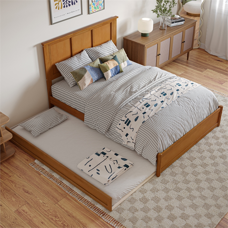 Felicity Full Platform Bed with Panel Footboard & Twin Trundle in Light Toffee