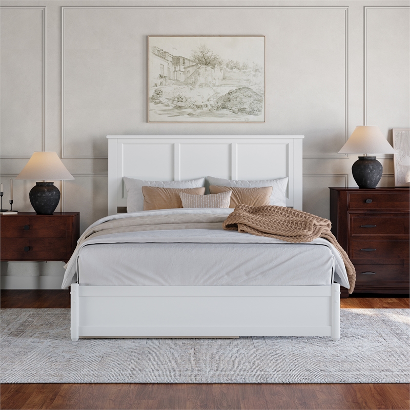 Felicity Queen Wood Platform Bed with Panel Footboard & Twin XL Trundle in White