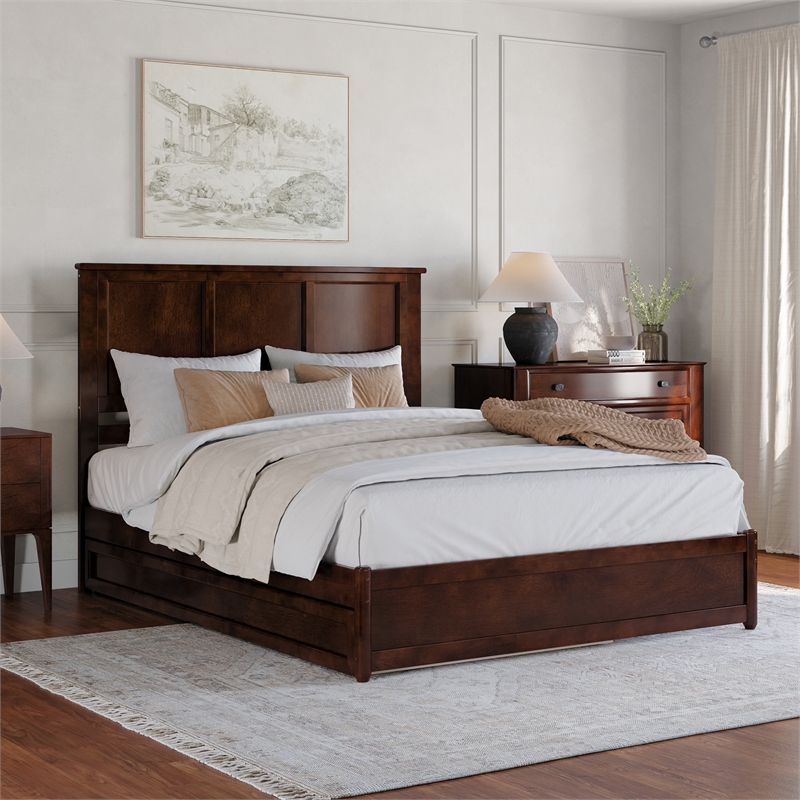 Felicity Queen Wood Platform Bed with Panel Footboard &  Trundle in Walnut