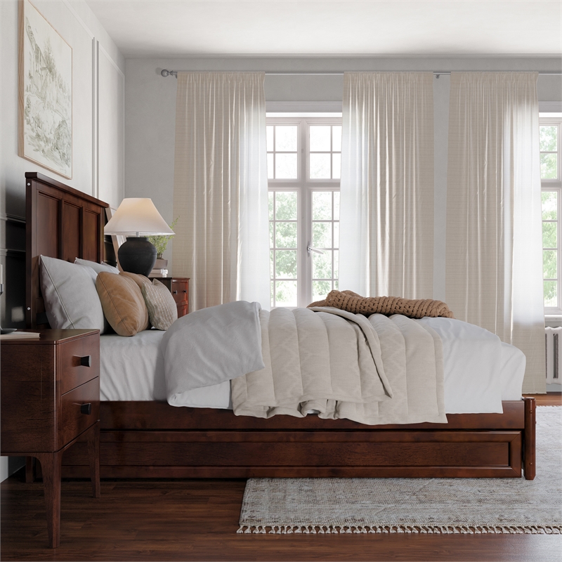 Felicity Queen Wood Platform Bed with Panel Footboard &  Trundle in Walnut