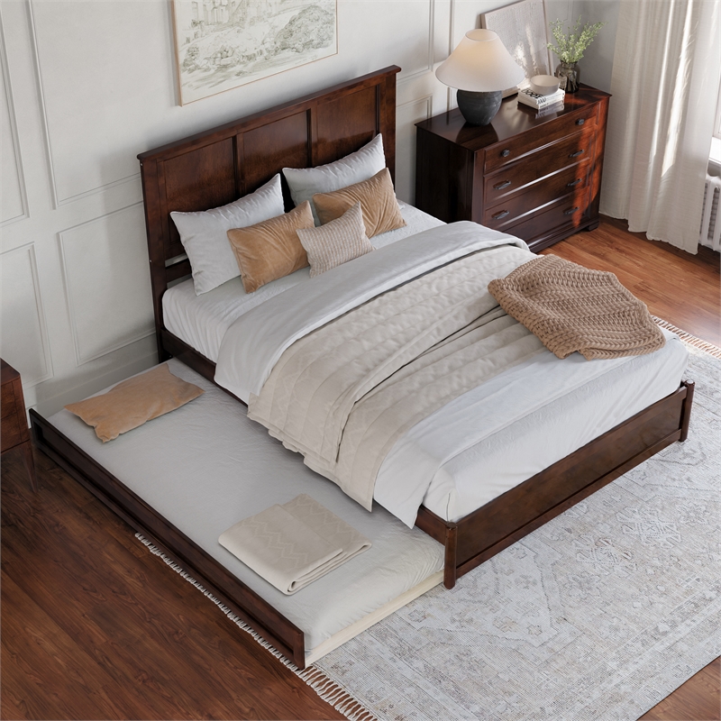 Felicity Queen Wood Platform Bed with Panel Footboard &  Trundle in Walnut