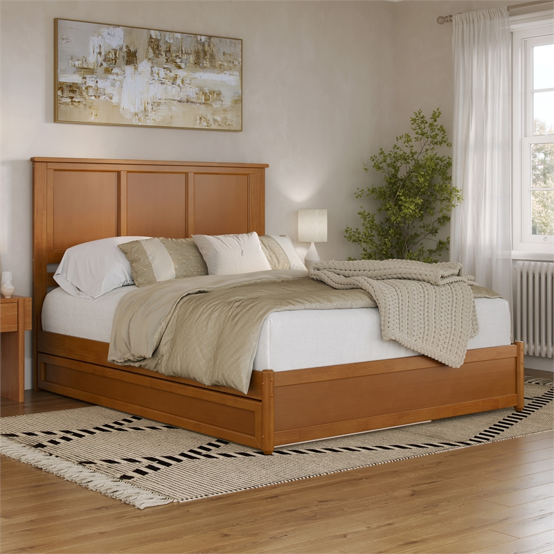 Felicity Queen Platform Bed with Panel Footboard & TXL Trundle in Light Toffee