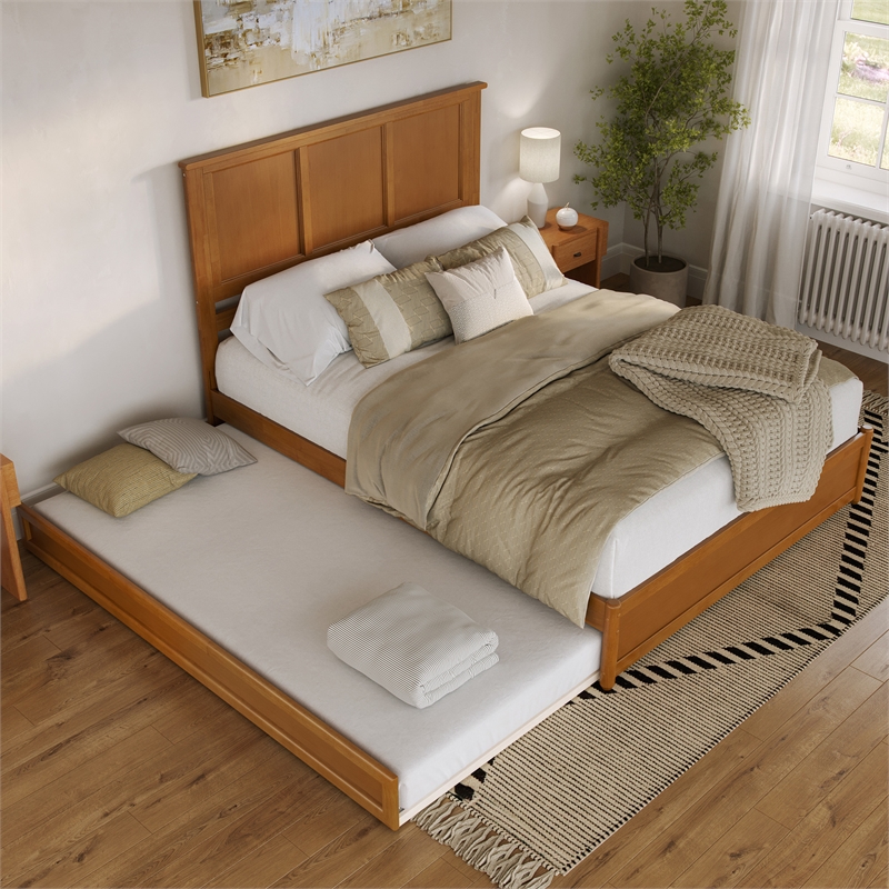 Felicity Queen Platform Bed with Panel Footboard & TXL Trundle in Light Toffee