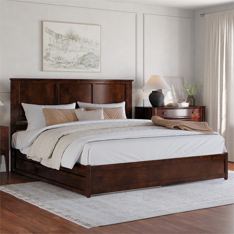 Felicity King Wood Platform Bed with Panel Footboard & Twin XL Trundle in Walnut