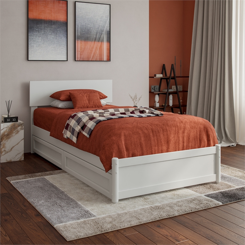 Wesley Twin XL Wood Platform Bed with Panel Footboard & Storage Drawers in White