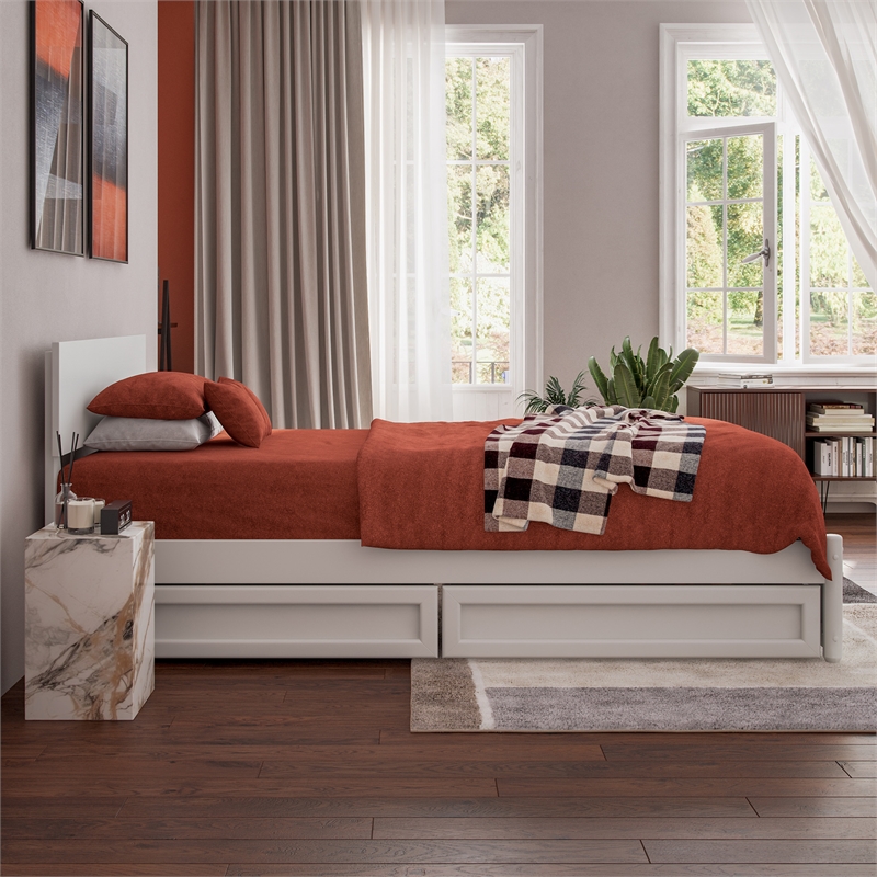 Wesley Twin XL Wood Platform Bed with Panel Footboard & Storage Drawers in White