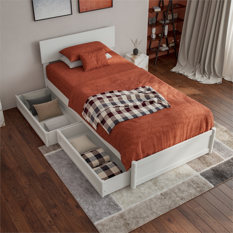 Wesley Twin XL Wood Platform Bed with Panel Footboard & Storage Drawers in White