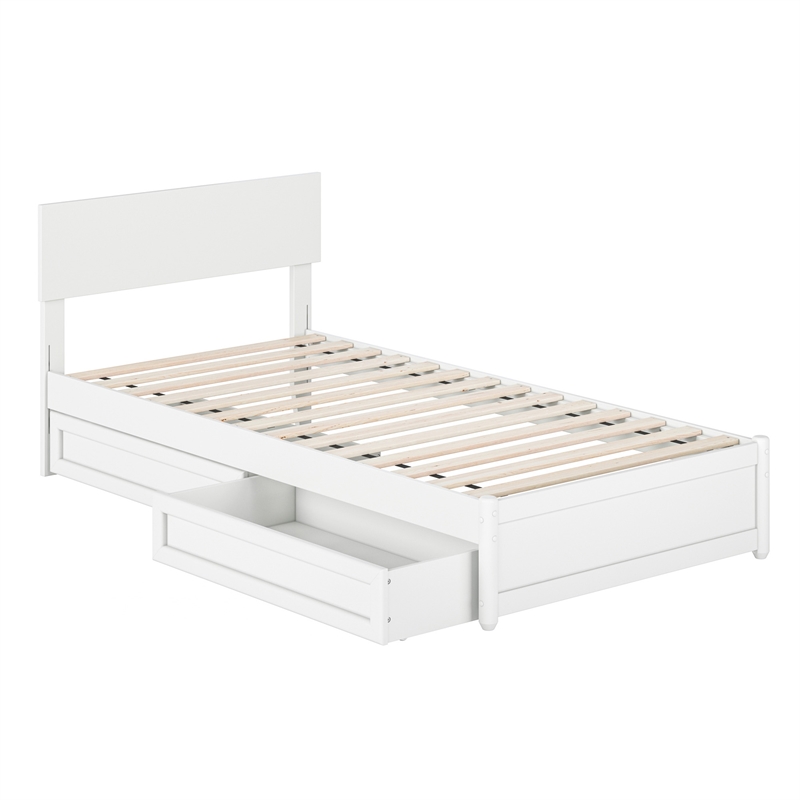 Wesley Twin XL Wood Platform Bed with Panel Footboard & Storage Drawers in White