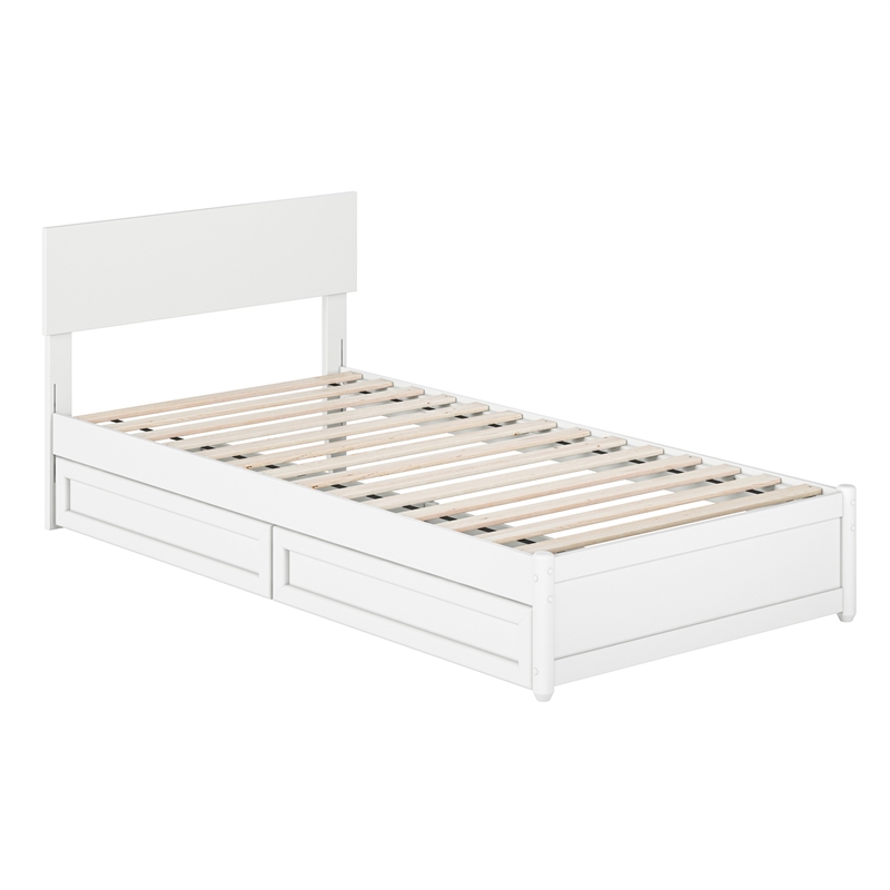 Wesley Twin XL Wood Platform Bed with Panel Footboard & Storage Drawers in White