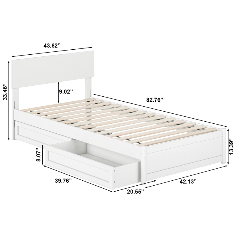 Wesley Twin XL Wood Platform Bed with Panel Footboard & Storage Drawers in White