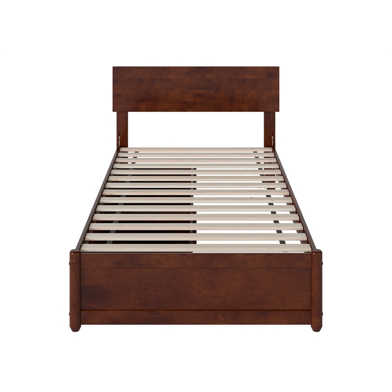 Wesley Twin XL Wood Platform Bed with Panel Footboard & Drawers in Walnut