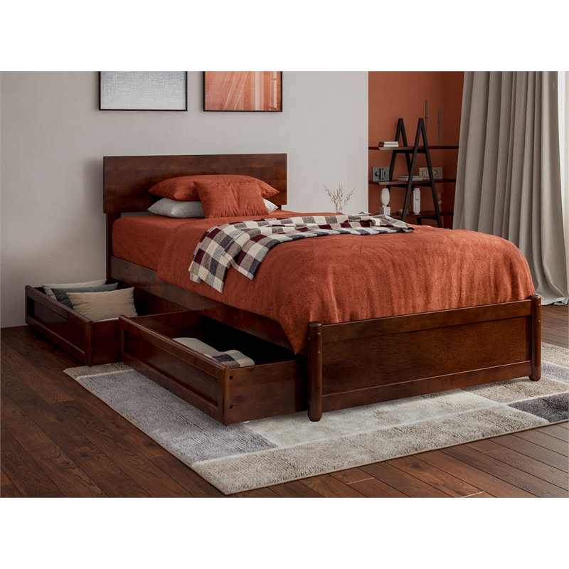 Wesley Twin XL Wood Platform Bed with Panel Footboard & Drawers in Walnut