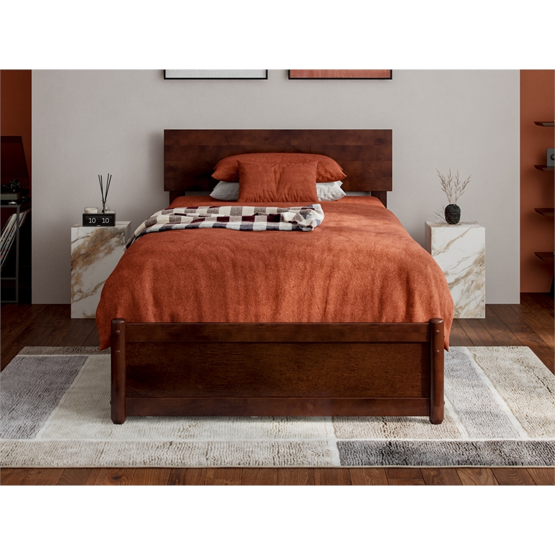 Wesley Twin XL Wood Platform Bed with Panel Footboard & Drawers in Walnut