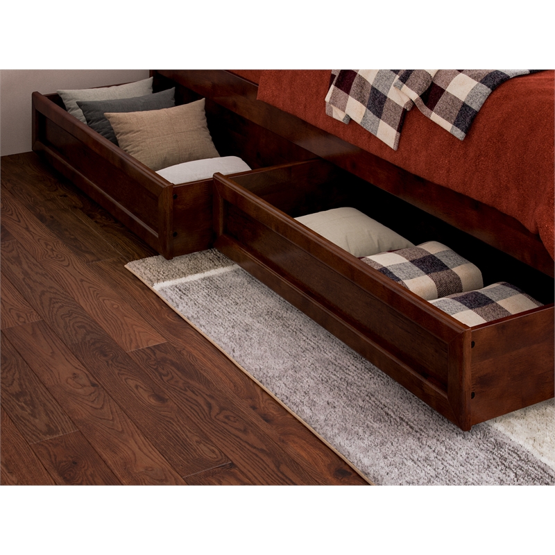 Wesley Twin XL Wood Platform Bed with Panel Footboard & Drawers in Walnut