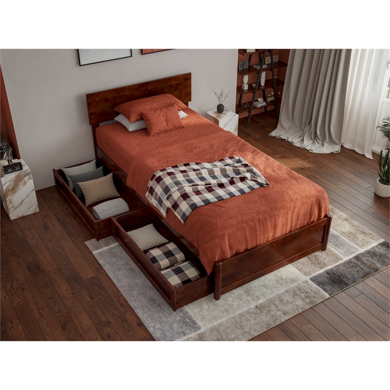 Wesley Twin XL Wood Platform Bed with Panel Footboard & Drawers in Walnut