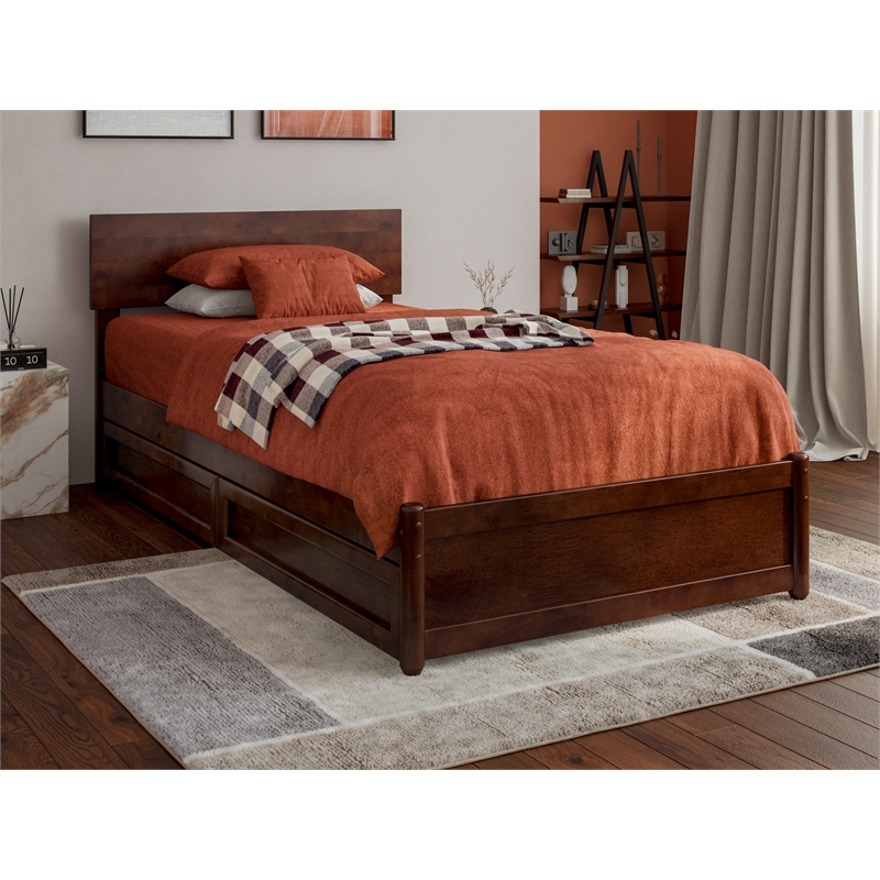 Wesley Twin XL Wood Platform Bed with Panel Footboard & Drawers in Walnut
