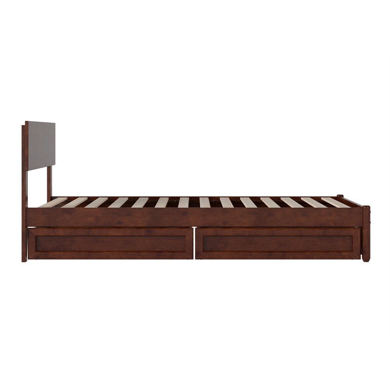 Wesley Twin XL Wood Platform Bed with Panel Footboard & Drawers in Walnut