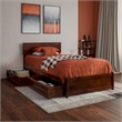 Wesley Twin XL Wood Platform Bed with Panel Footboard & Drawers in Walnut