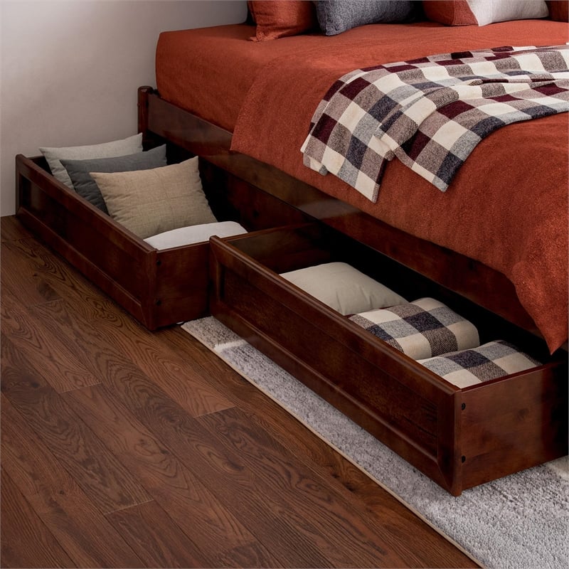 Wesley Twin XL Wood Platform Bed with Panel Footboard & Drawers in Walnut