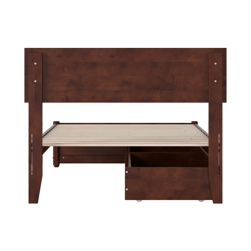 Wesley Twin XL Wood Platform Bed with Panel Footboard & Drawers in Walnut