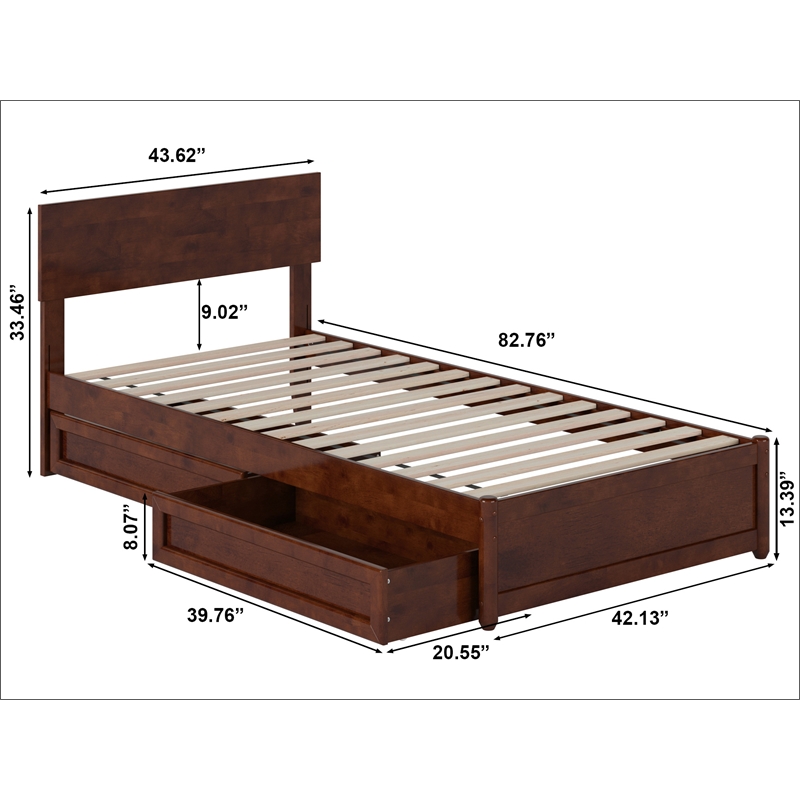 Wesley Twin XL Wood Platform Bed with Panel Footboard & Drawers in Walnut
