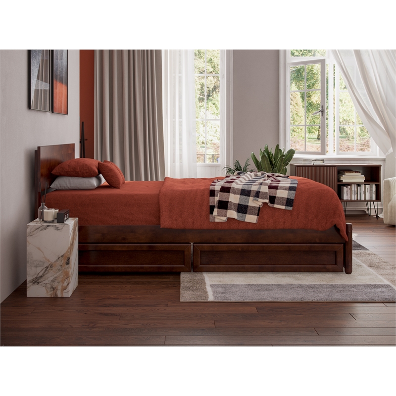 Wesley Twin XL Wood Platform Bed with Panel Footboard & Drawers in Walnut