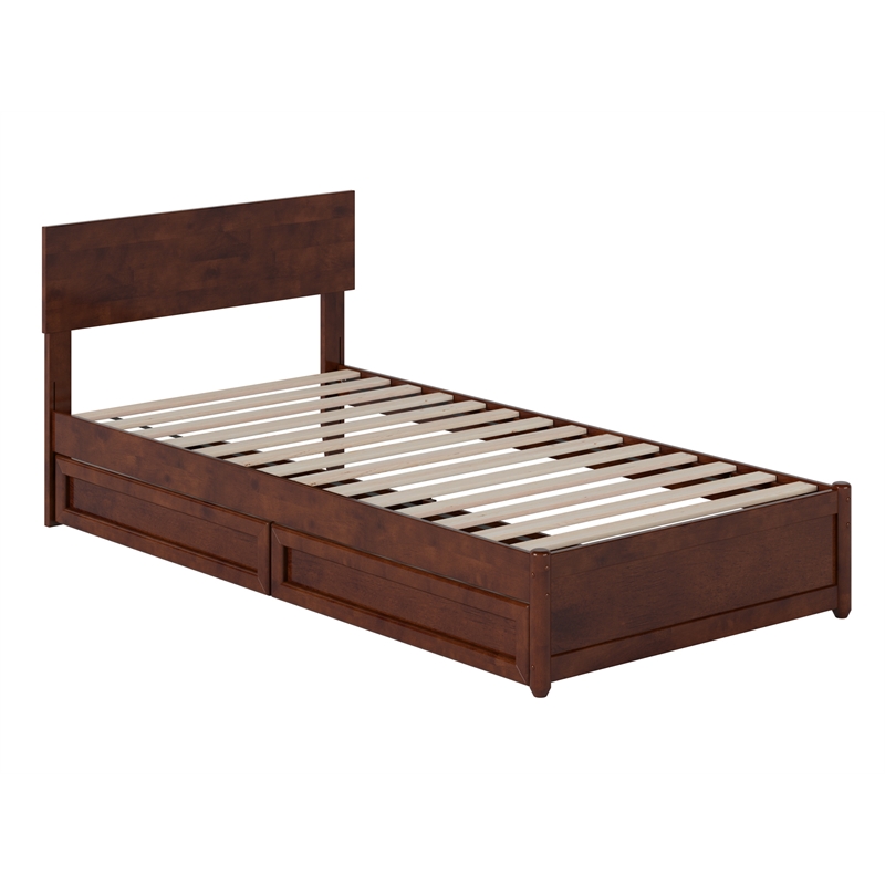 Wesley Twin XL Wood Platform Bed with Panel Footboard & Drawers in Walnut