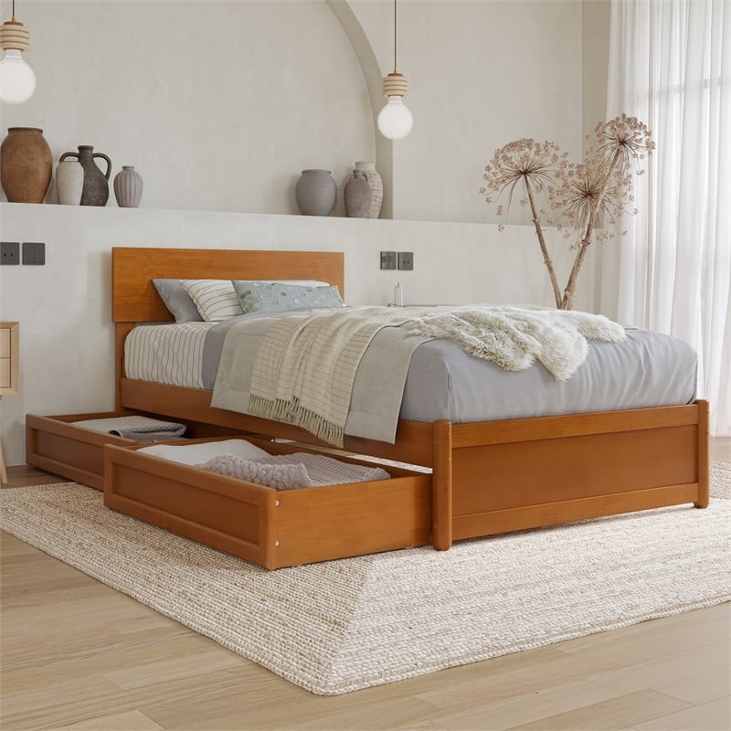 Wesley Twin XL Wood Platform Bed with Panel Footboard & Drawers in Light Toffee