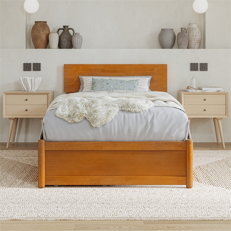 Wesley Twin XL Wood Platform Bed with Panel Footboard & Drawers in Light Toffee
