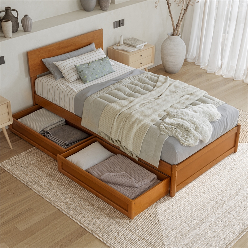Wesley Twin XL Wood Platform Bed with Panel Footboard & Drawers in Light Toffee