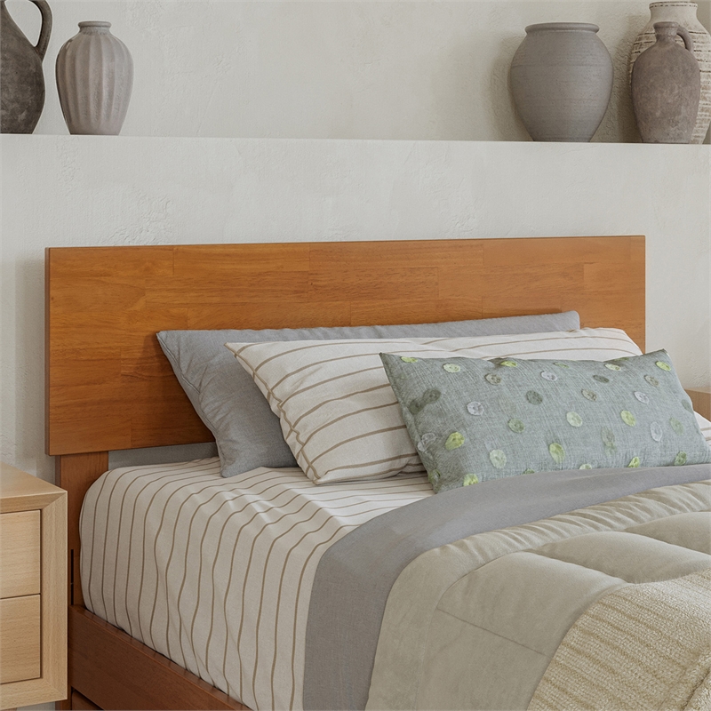 Wesley Twin XL Wood Platform Bed with Panel Footboard & Drawers in Light Toffee