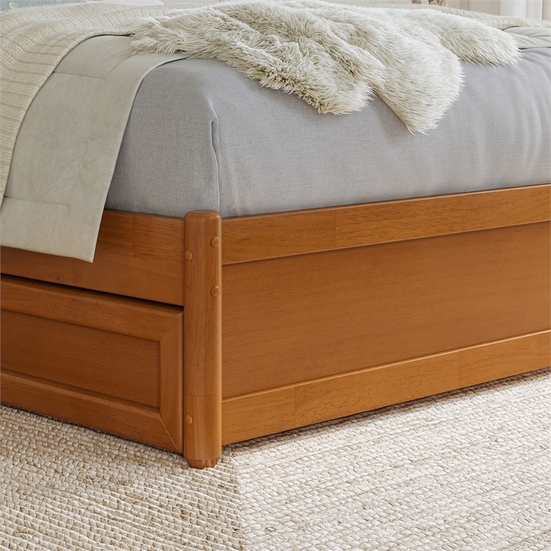 Wesley Twin XL Wood Platform Bed with Panel Footboard & Drawers in Light Toffee