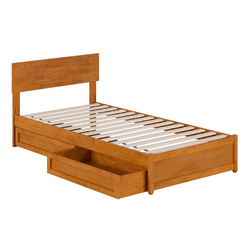 Wesley Twin XL Wood Platform Bed with Panel Footboard & Drawers in Light Toffee