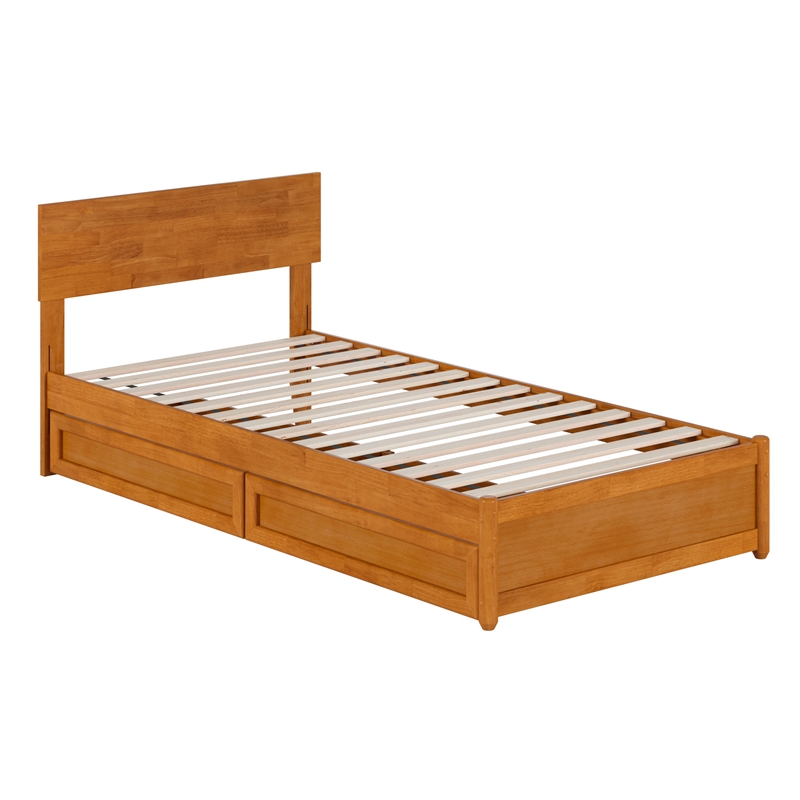 Wesley Twin XL Wood Platform Bed with Panel Footboard & Drawers in Light Toffee