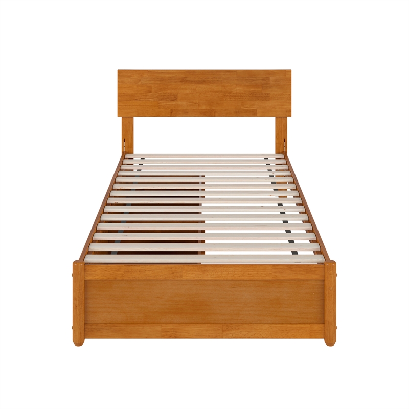 Wesley Twin XL Wood Platform Bed with Panel Footboard & Drawers in Light Toffee
