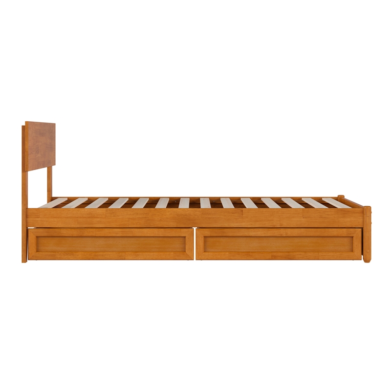 Wesley Twin XL Wood Platform Bed with Panel Footboard & Drawers in Light Toffee