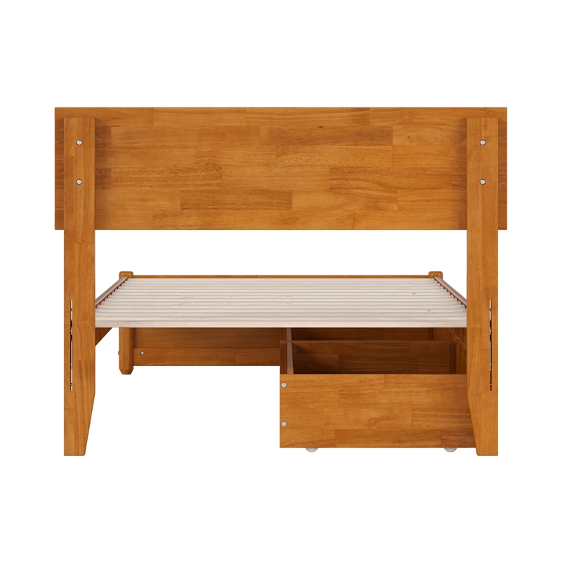 Wesley Twin XL Wood Platform Bed with Panel Footboard & Drawers in Light Toffee