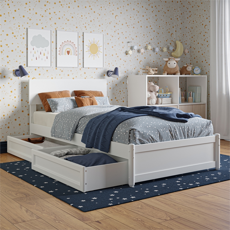 Wesley Twin Wood Platform Bed with Panel Footboard and Storage Drawers in White