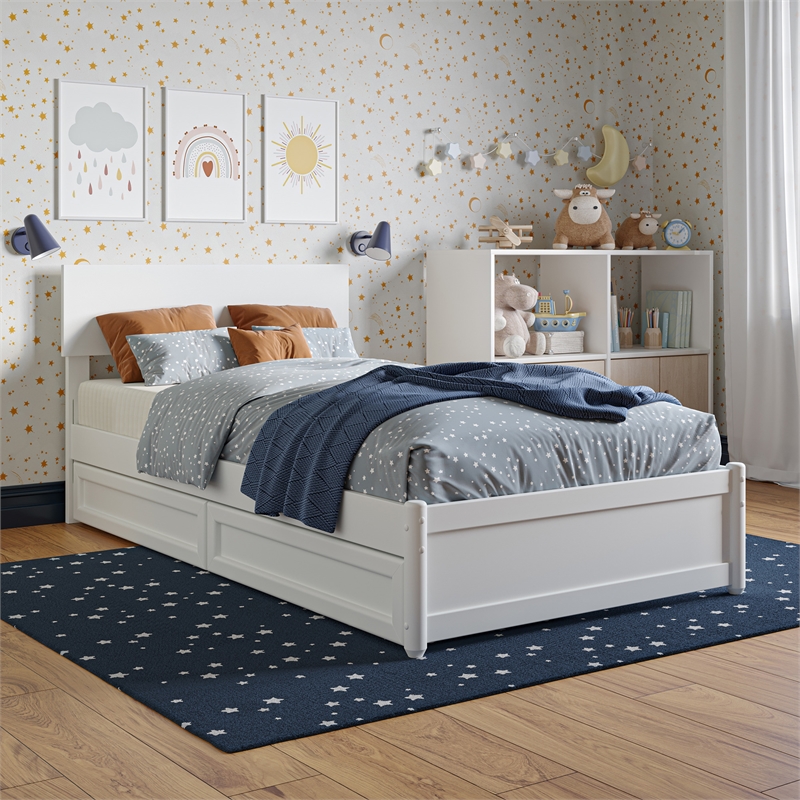 Wesley Twin Wood Platform Bed with Panel Footboard and Storage Drawers in White