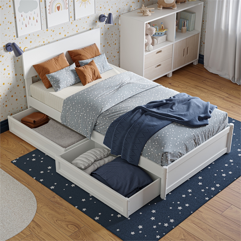 Wesley Twin Wood Platform Bed with Panel Footboard and Storage Drawers in White