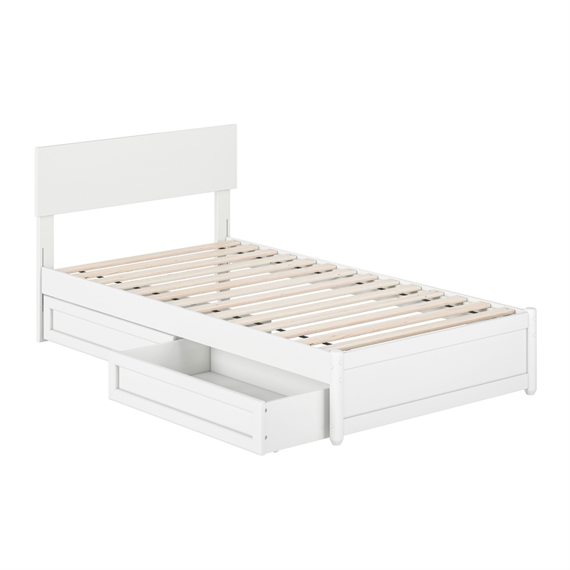 Wesley Twin Wood Platform Bed with Panel Footboard and Storage Drawers in White