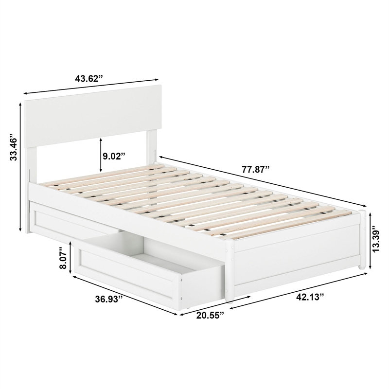 Wesley Twin Wood Platform Bed with Panel Footboard and Storage Drawers in White